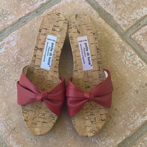 Gently used Italian wedge open toe cork sandals size 39 euro brick red